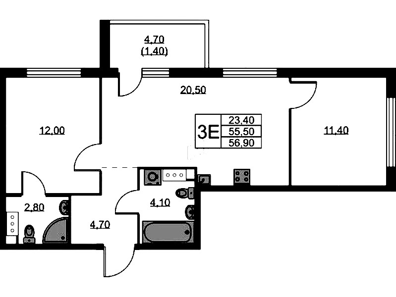 2-комнатная квартира 56.9 м², 10/11 эт., ЖК «А101 Лаголово»